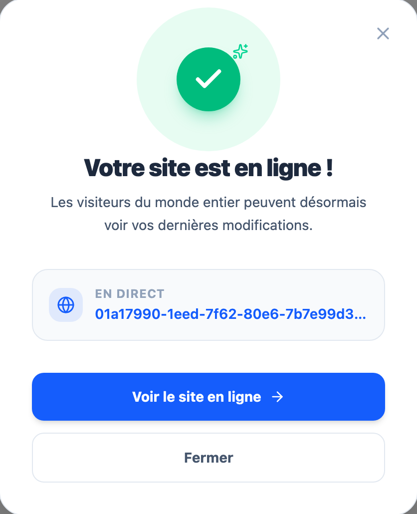 L'écran de publication, qui passe par ses étapes jusqu'à « En ligne ».