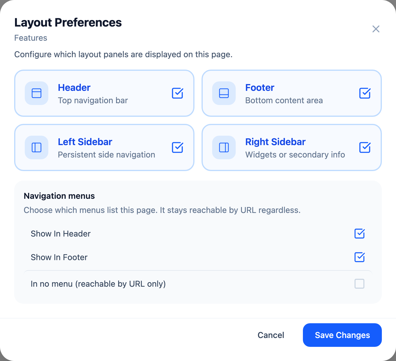 A page's settings panel, with the navigation and panel-visibility options visible.