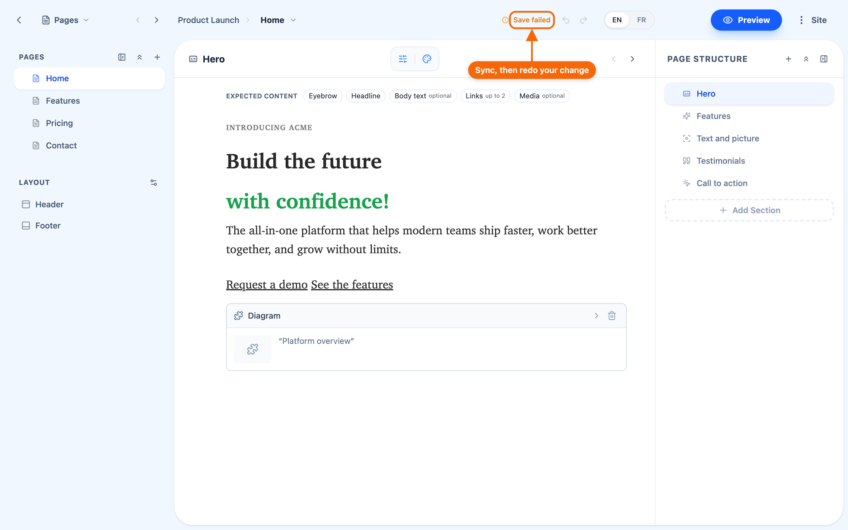 The editor's status showing "Save failed"; clicking it syncs to the latest version.