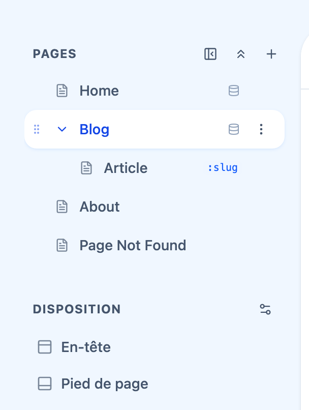 Le panneau des pages de l'Éditeur montrant une hiérarchie imbriquée, avec une page dépliée sur ses pages enfants.