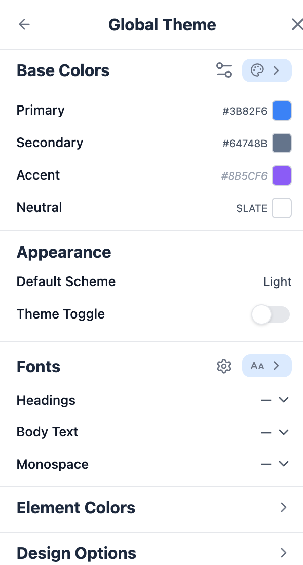 The Global Theme panel, with the color system (primary, secondary, accent, neutral) and the font pickers.
