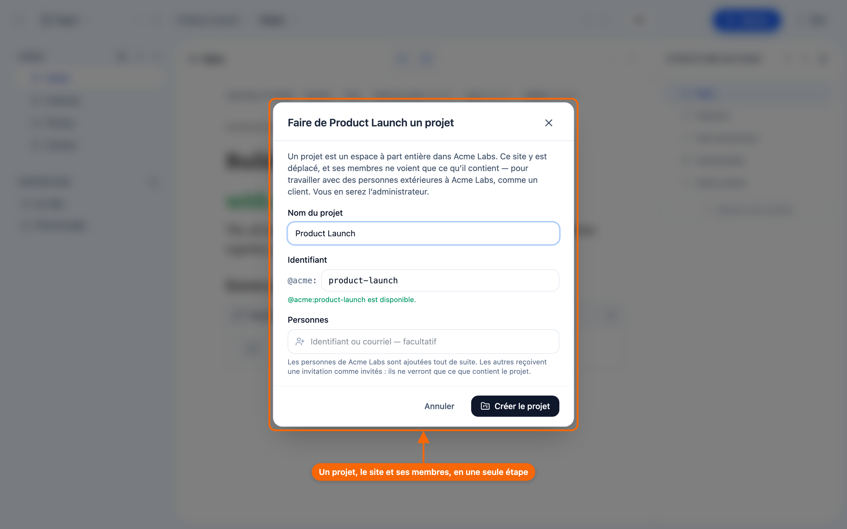 La boîte de dialogue En faire un projet, au-dessus de l'éditeur de site : le nom et l'identifiant du projet, et le champ où ajouter des membres et des invités.