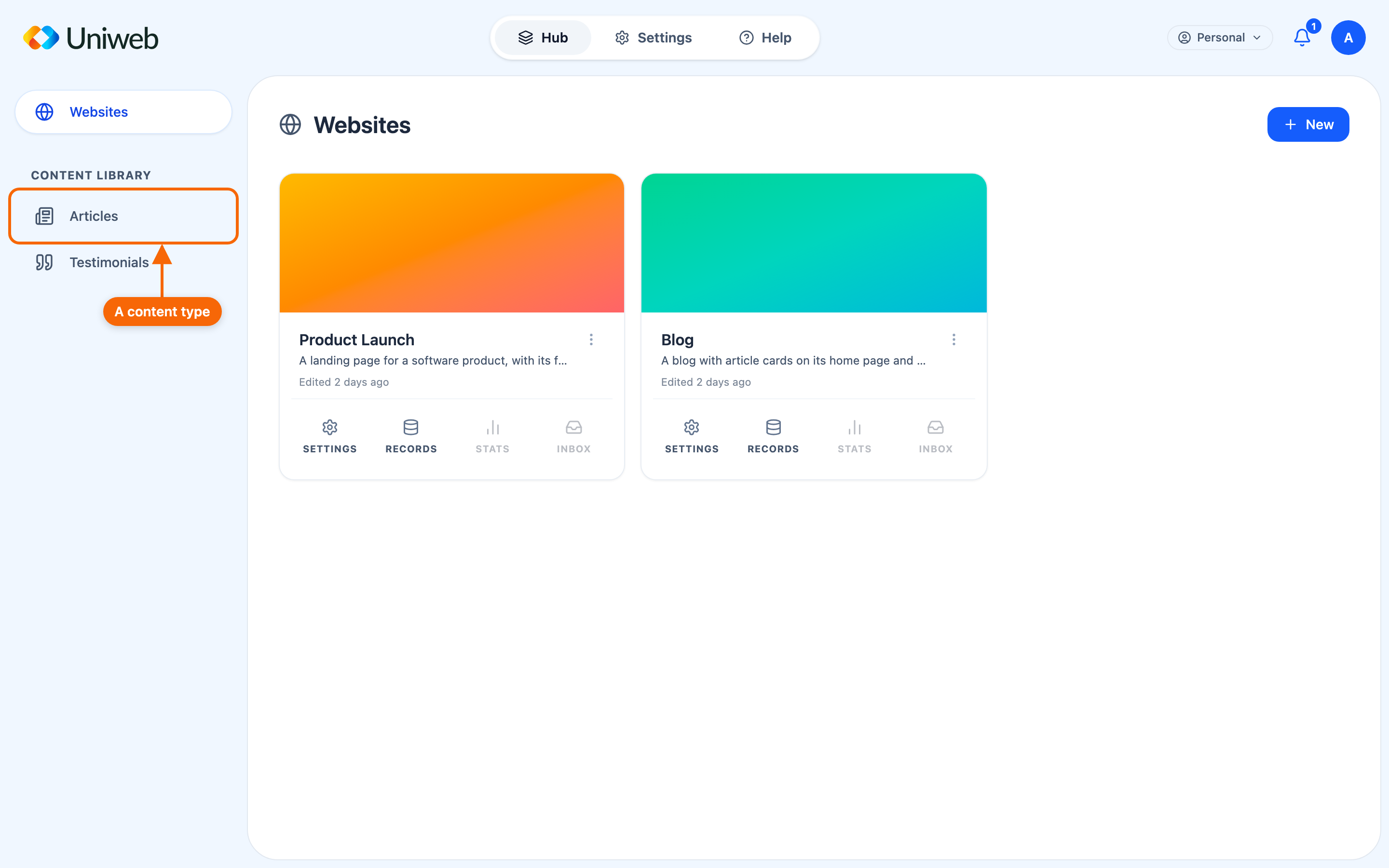 The Hub sidebar, showing the workspace's content types.