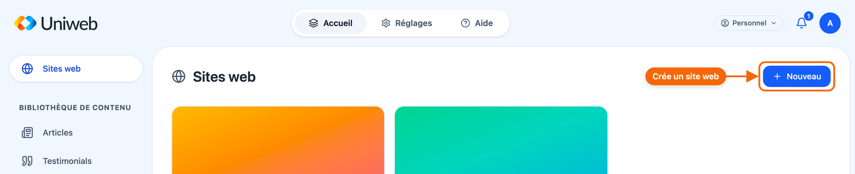 La barre latérale du Hub, avec Sites web et la Bibliothèque de contenu, qui liste les types de contenu de l'espace de travail.