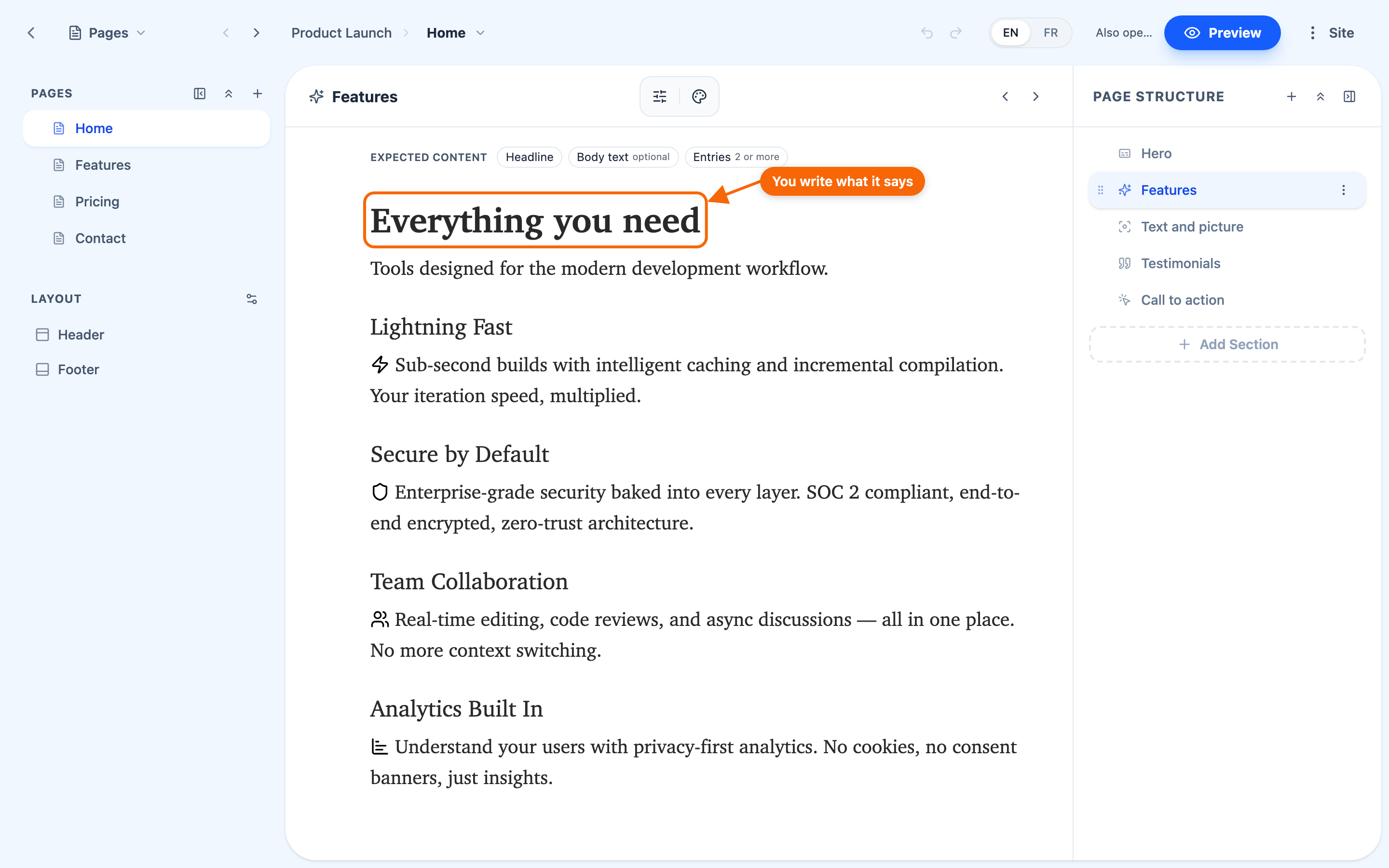 A section being edited, showing a heading, a paragraph, and a bulleted list with the formatting controls visible.