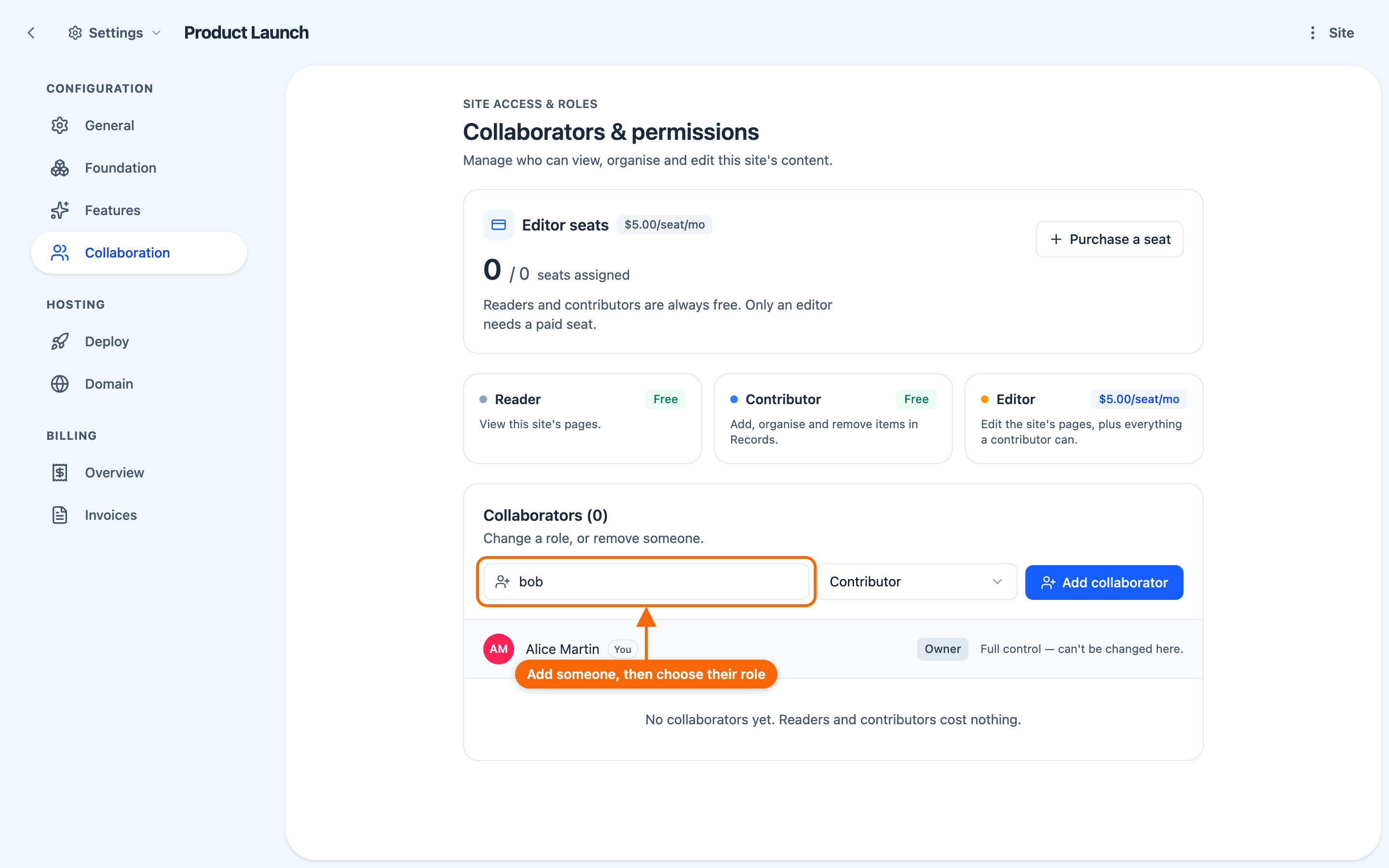 The invite flow for adding a collaborator to a website, showing the role selection.