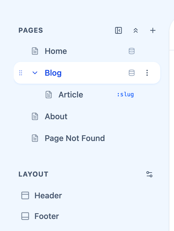 The Editor's pages panel showing a nested hierarchy, with one page expanded to reveal child pages.