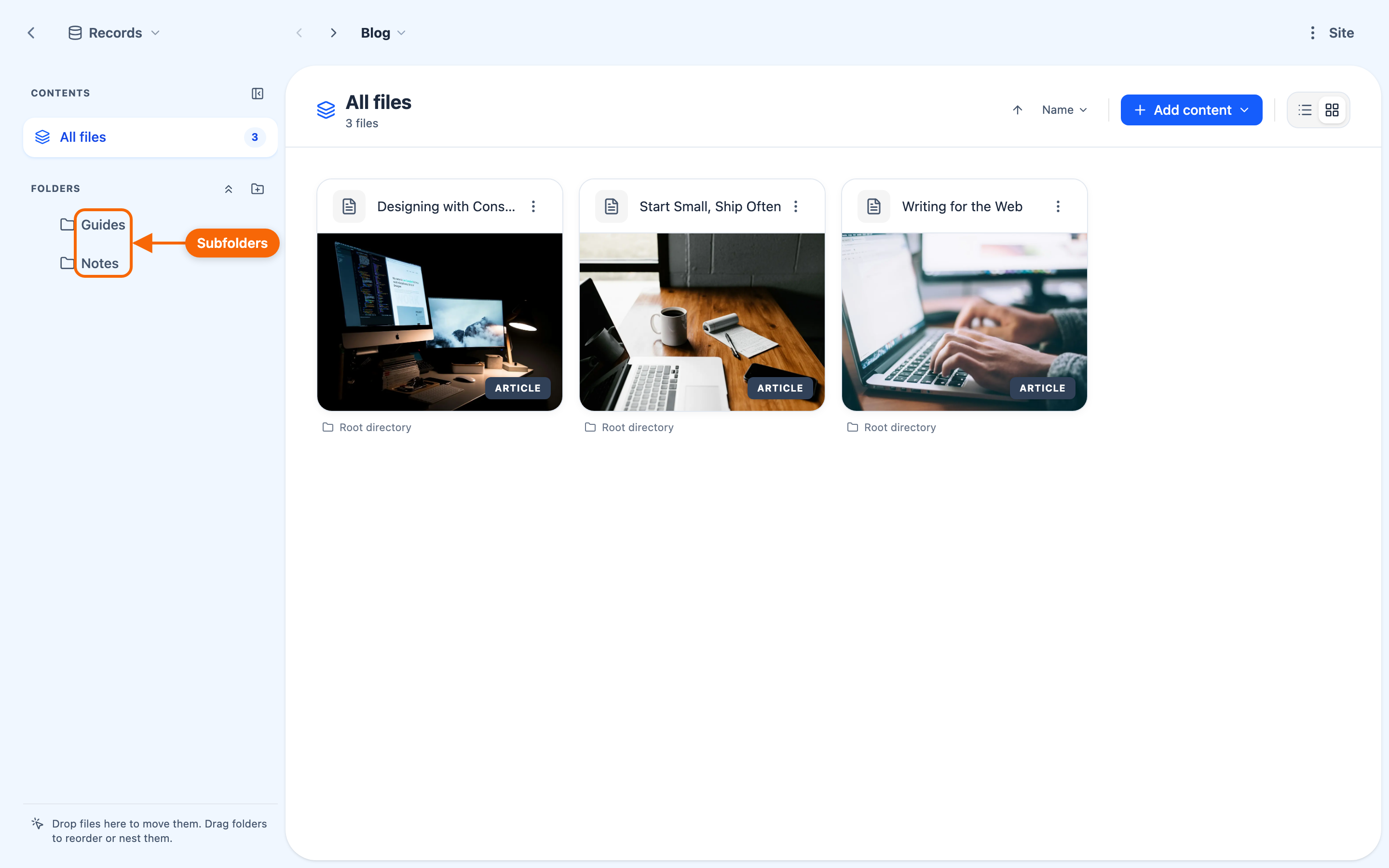 A website's Records view, showing the site's folder with a couple of subfolders and some items inside.