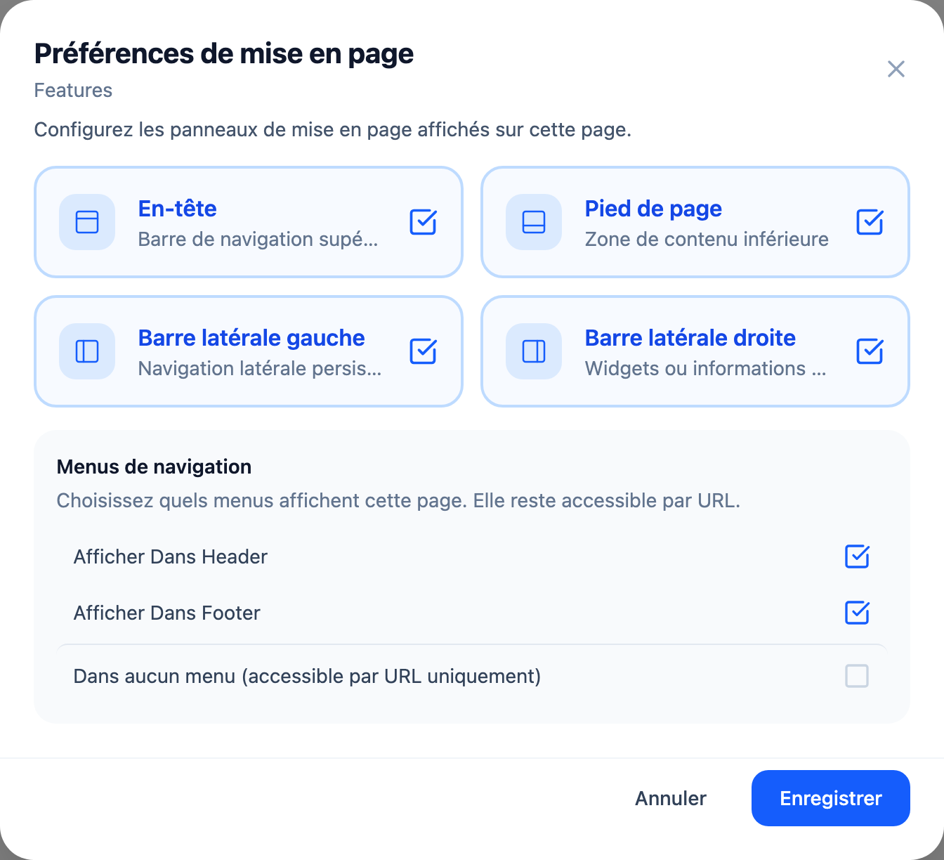 Le panneau des paramètres d'une page, avec les options de navigation et de visibilité des panneaux.