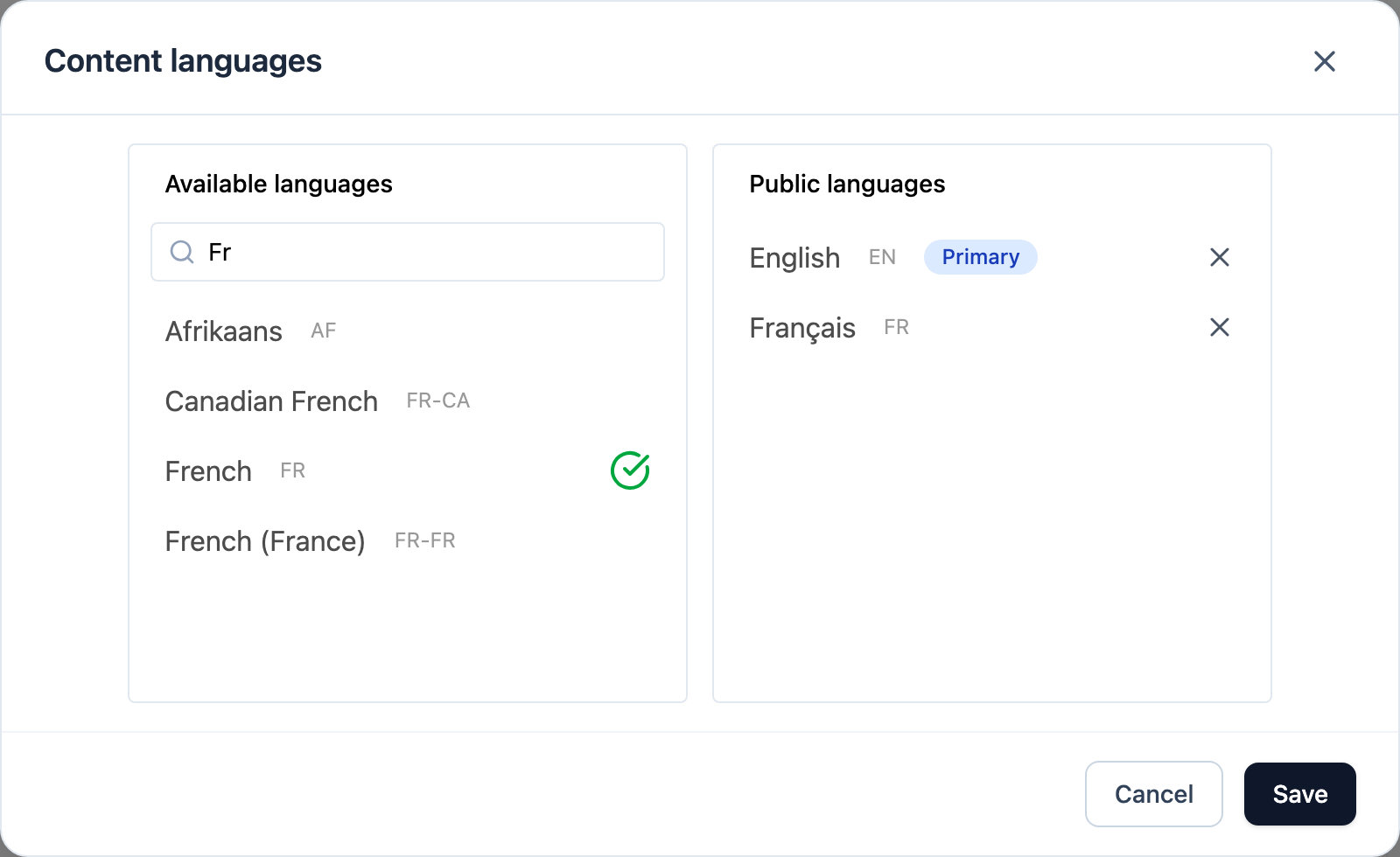 The Content languages dialog, showing the primary language and controls to add another.