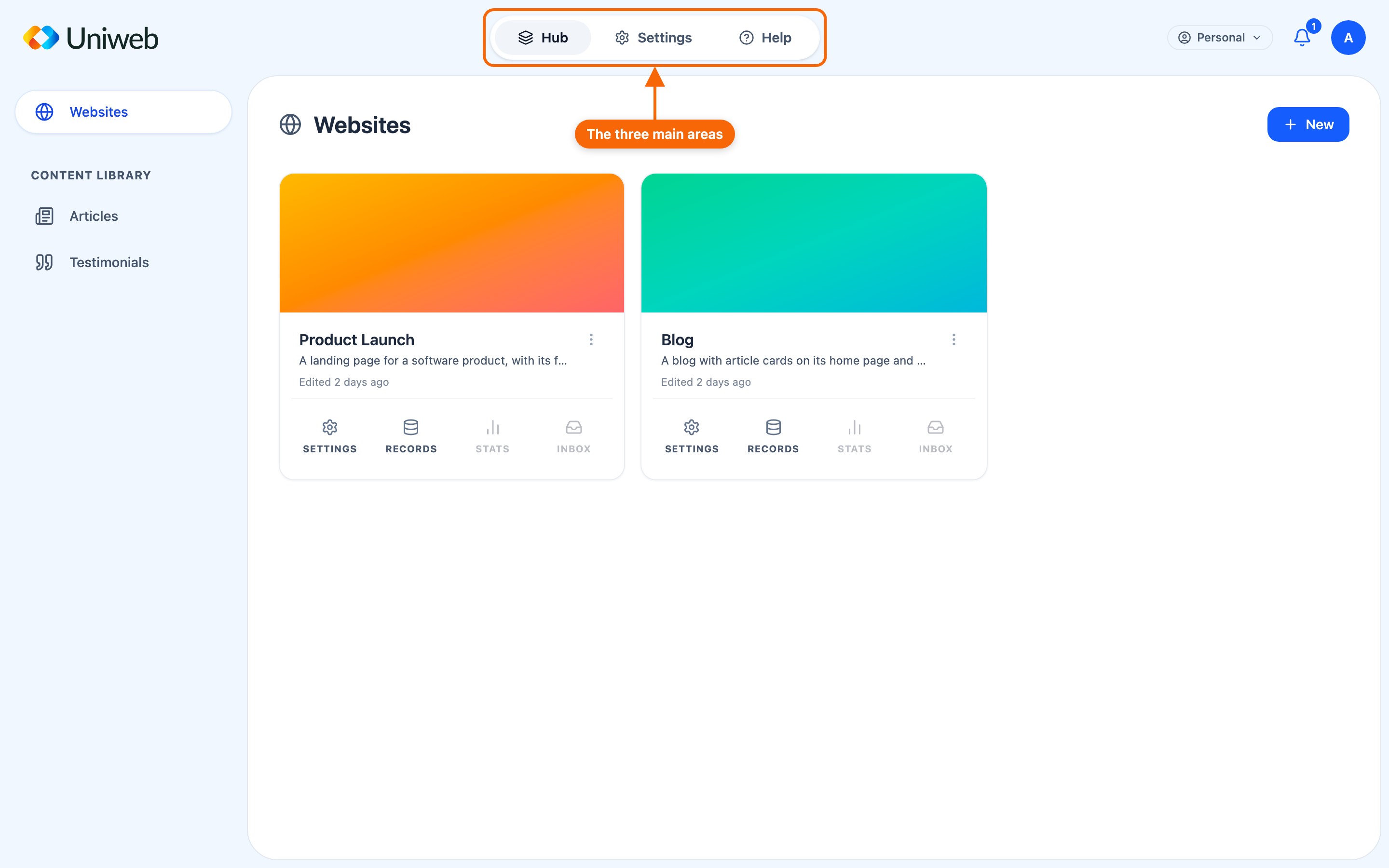 The top navigation bar showing Hub, Settings, and Help.