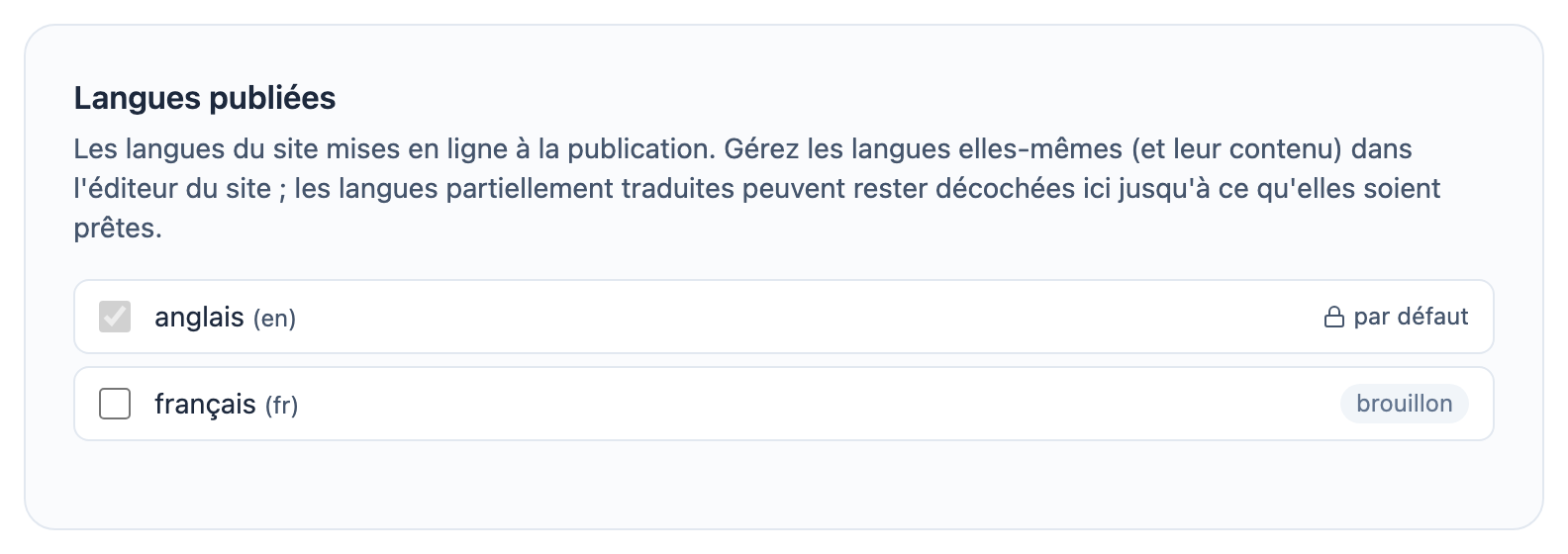 Les paramètres de langue : les langues activées pour la publication et celles en brouillon seulement.