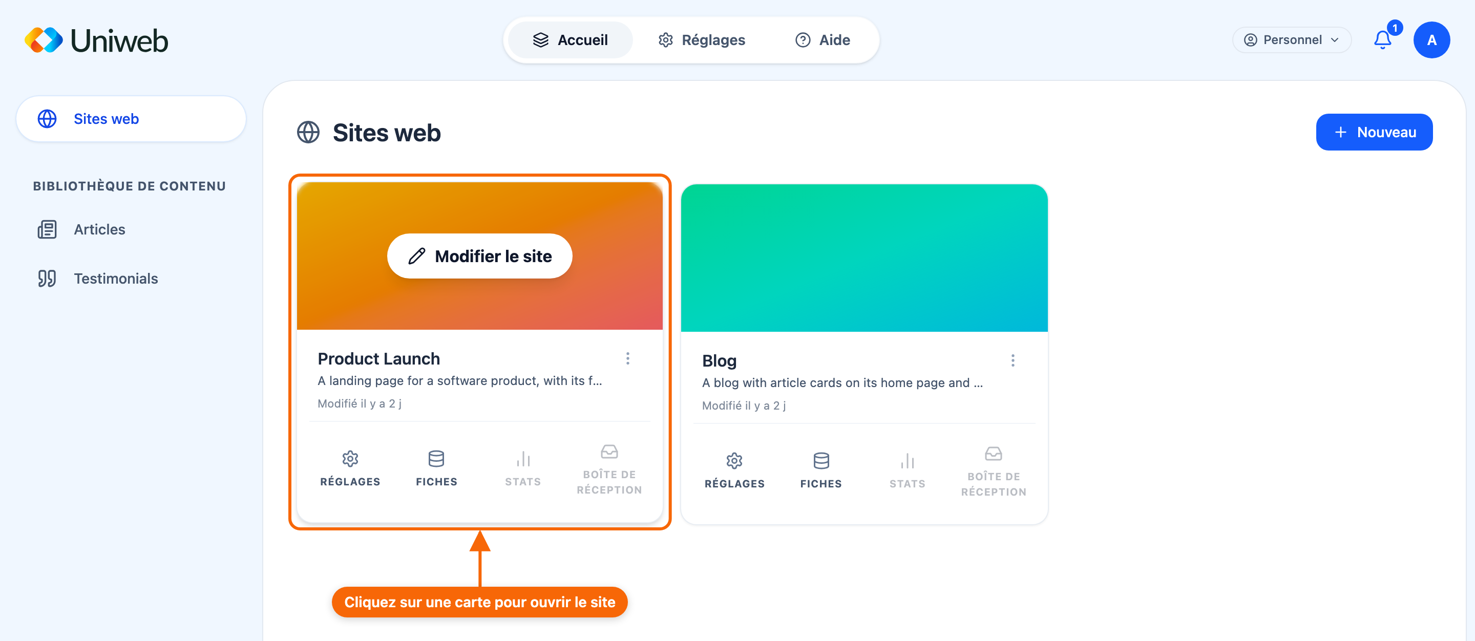 Une carte de site web dans le Hub, avec la date de sa dernière modification (et publication) et les boutons pour ouvrir les vues du site. Un site partagé avec vous porte aussi une pastille Partagé ; il n'y a pas de badge de rôle.