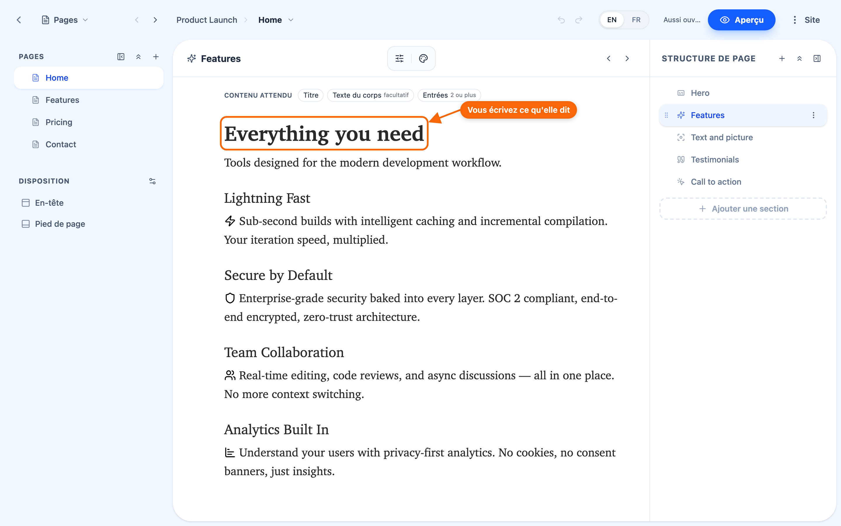 Une section en cours de modification : un titre, un paragraphe et une liste à puces, avec les commandes de mise en forme visibles.