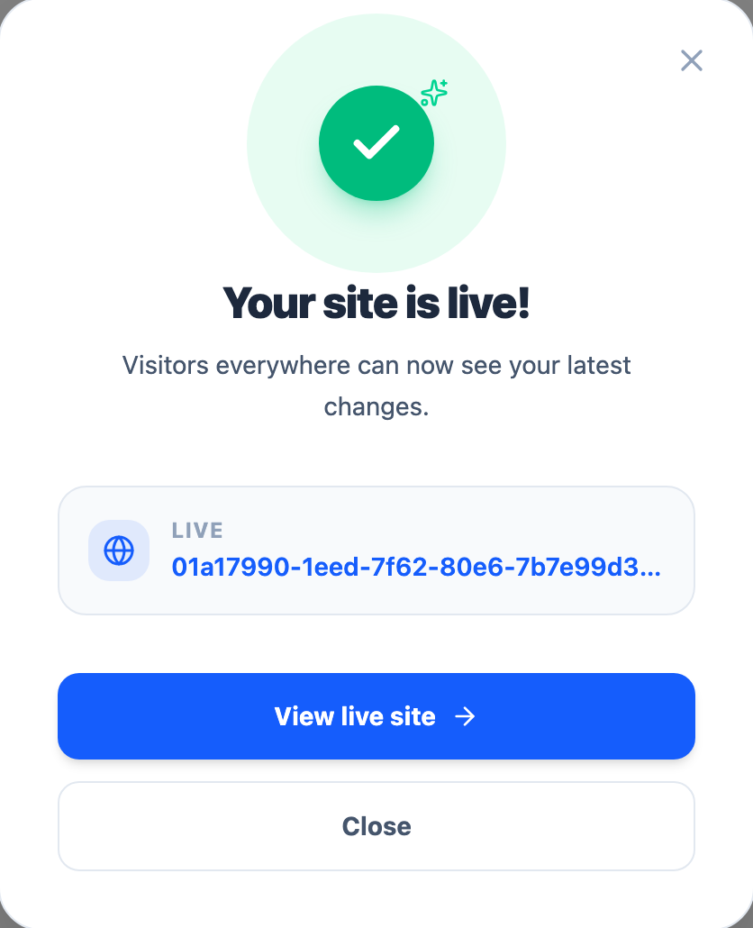 The publishing overlay, moving through its steps to "Live".