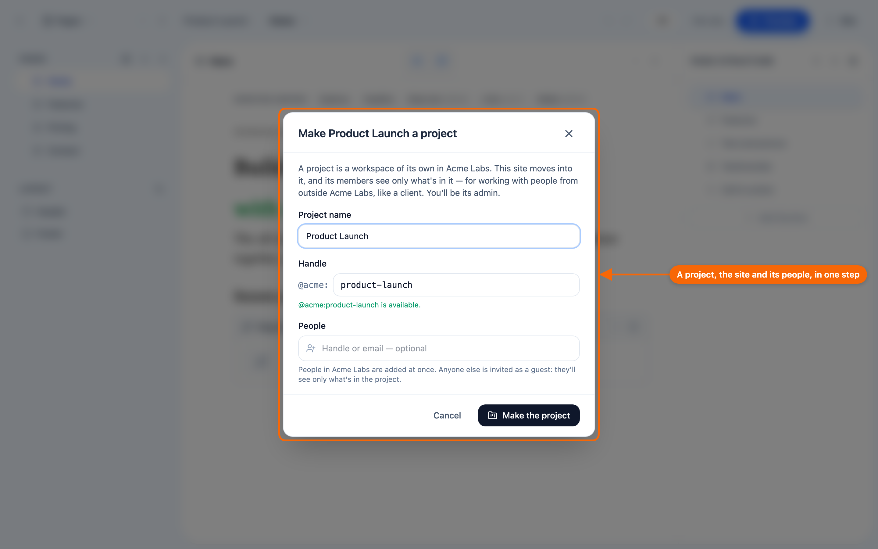 The Make a project dialog over the site editor: the project name and handle, and the People field for adding members and guests.