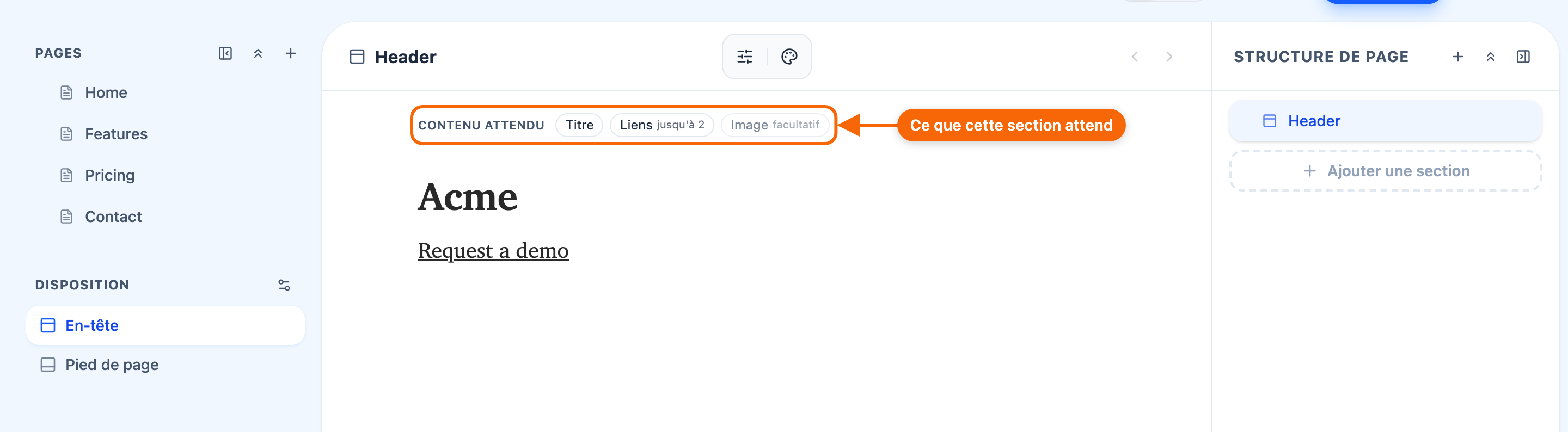 Une section dans l'Éditeur, avec sa bande Contenu attendu au-dessus.