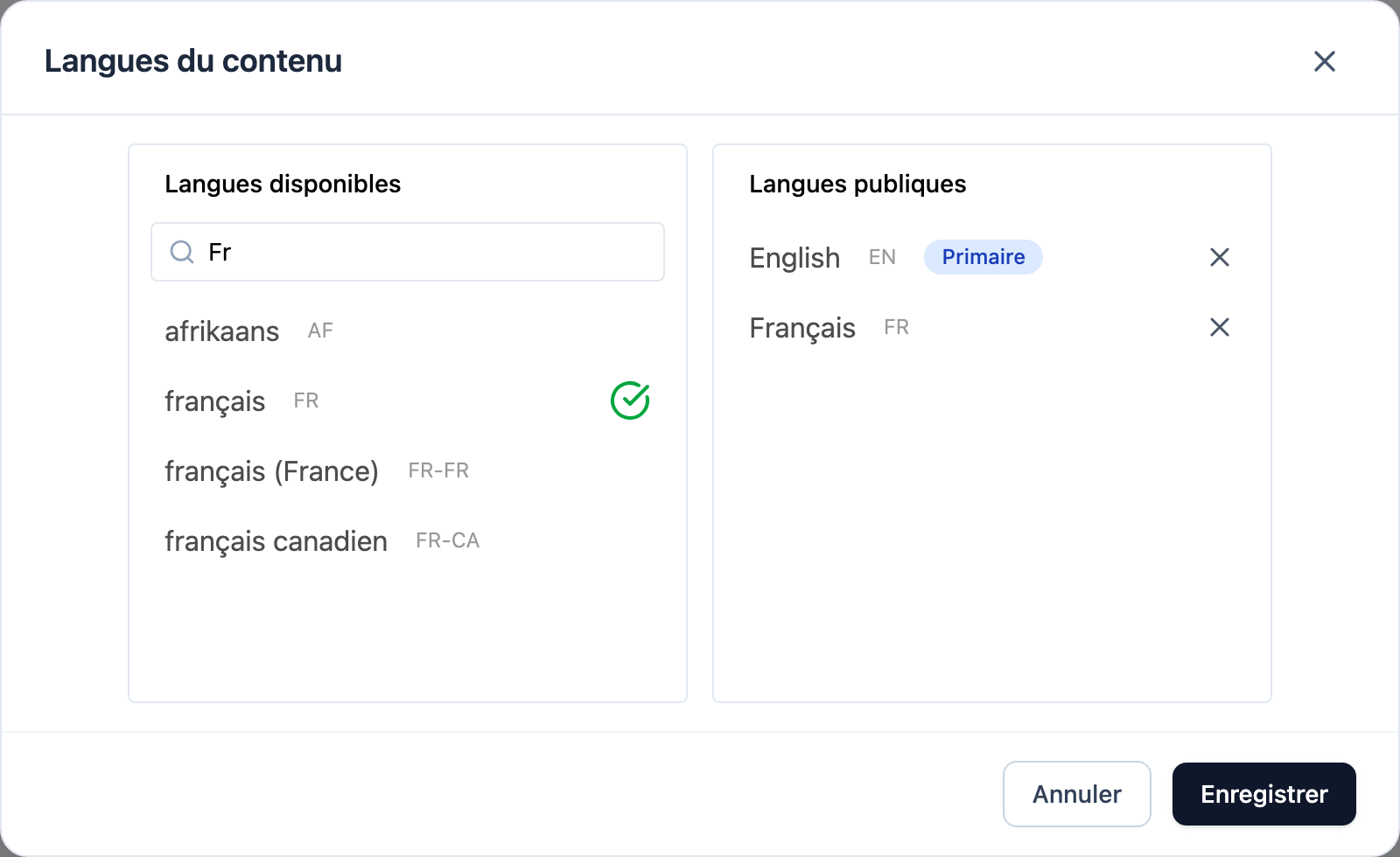 La boîte de dialogue Langues du contenu, avec la langue principale et les commandes pour en ajouter une autre.