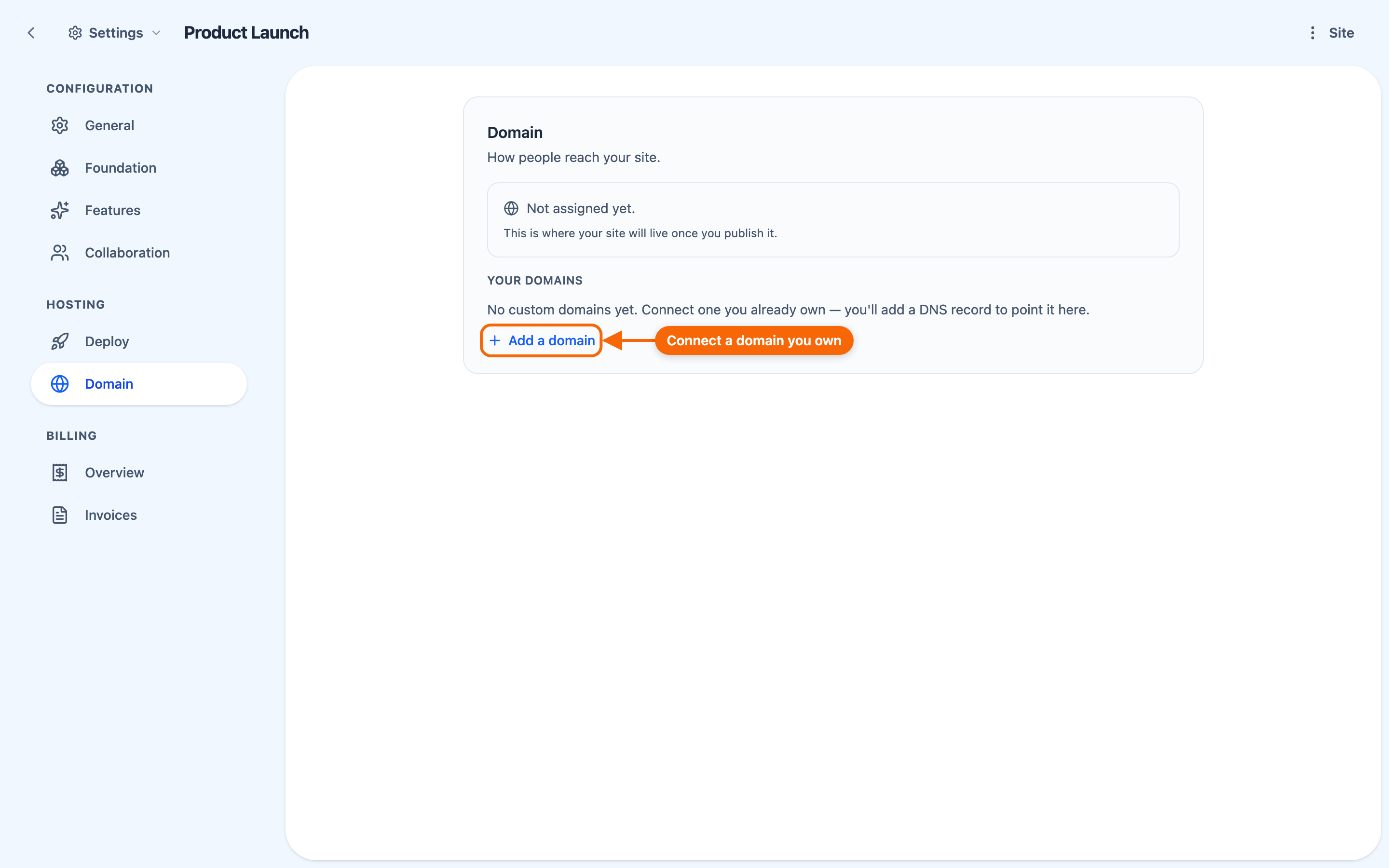 The site's domain settings, showing the Uniweb address and the field for adding a custom domain.