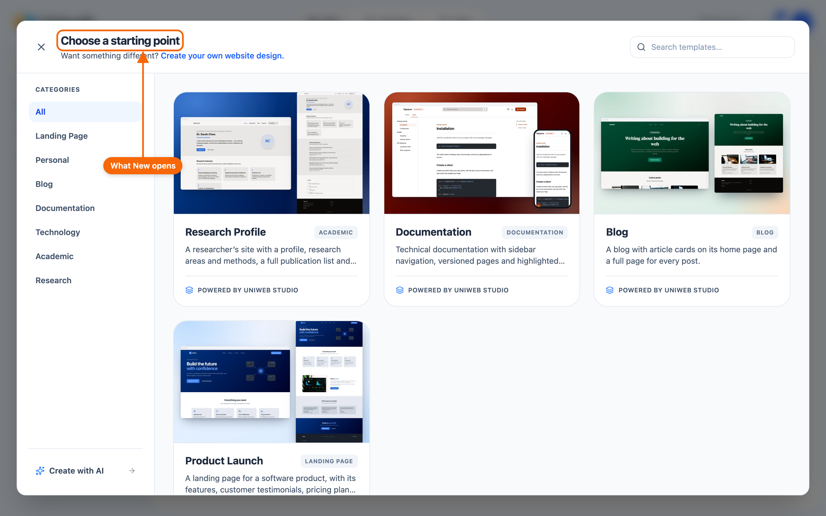 The Hub with the template picker open — what the New button shows.