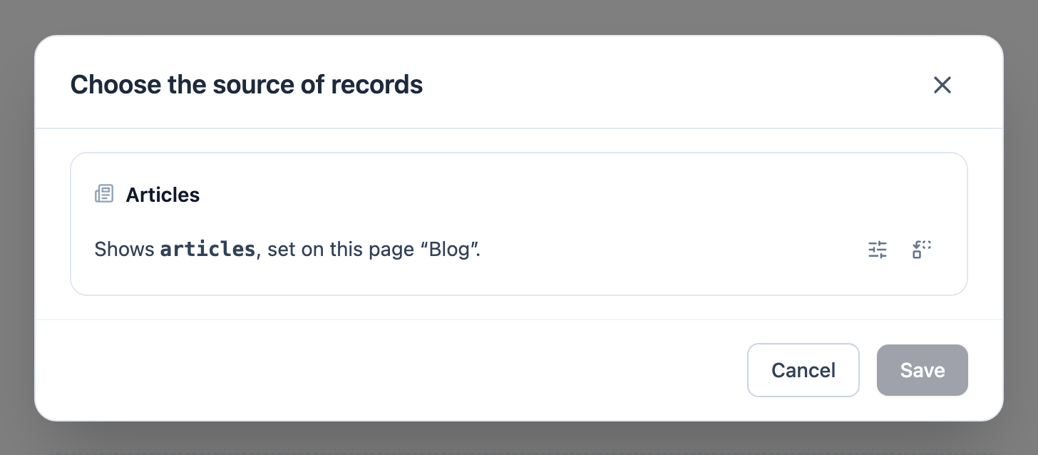 The Record source dialog for the blog's list section: it shows articles, the query set on its page.