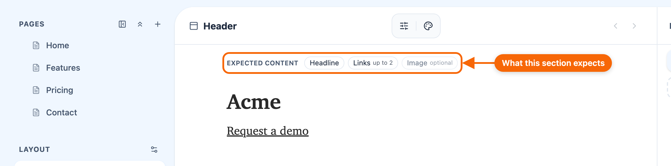 A section in the Editor with its Expected content strip above it.