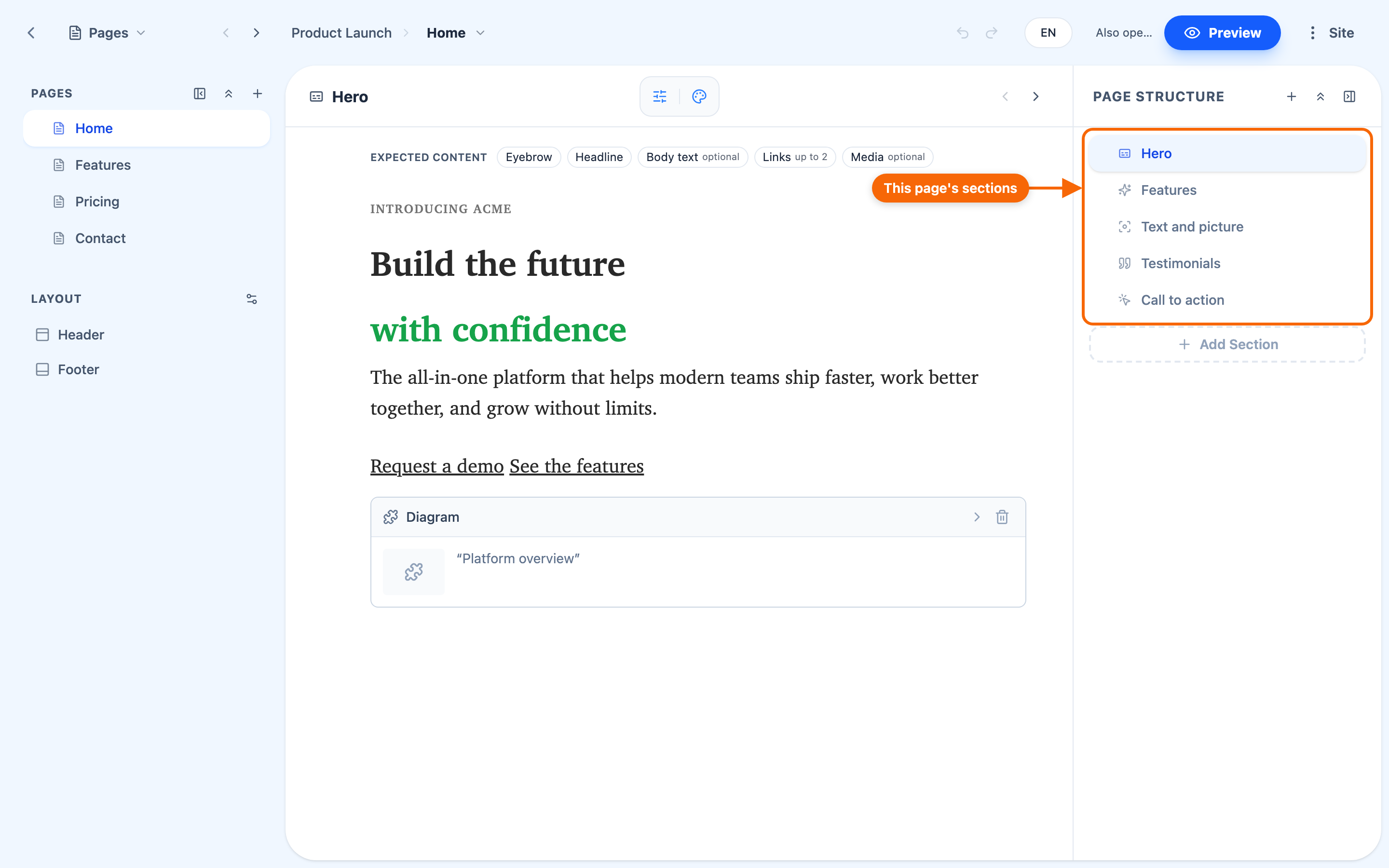 The Editor open on a freshly created site from a template, with the pages panel on the left and a page of sample sections in the middle.