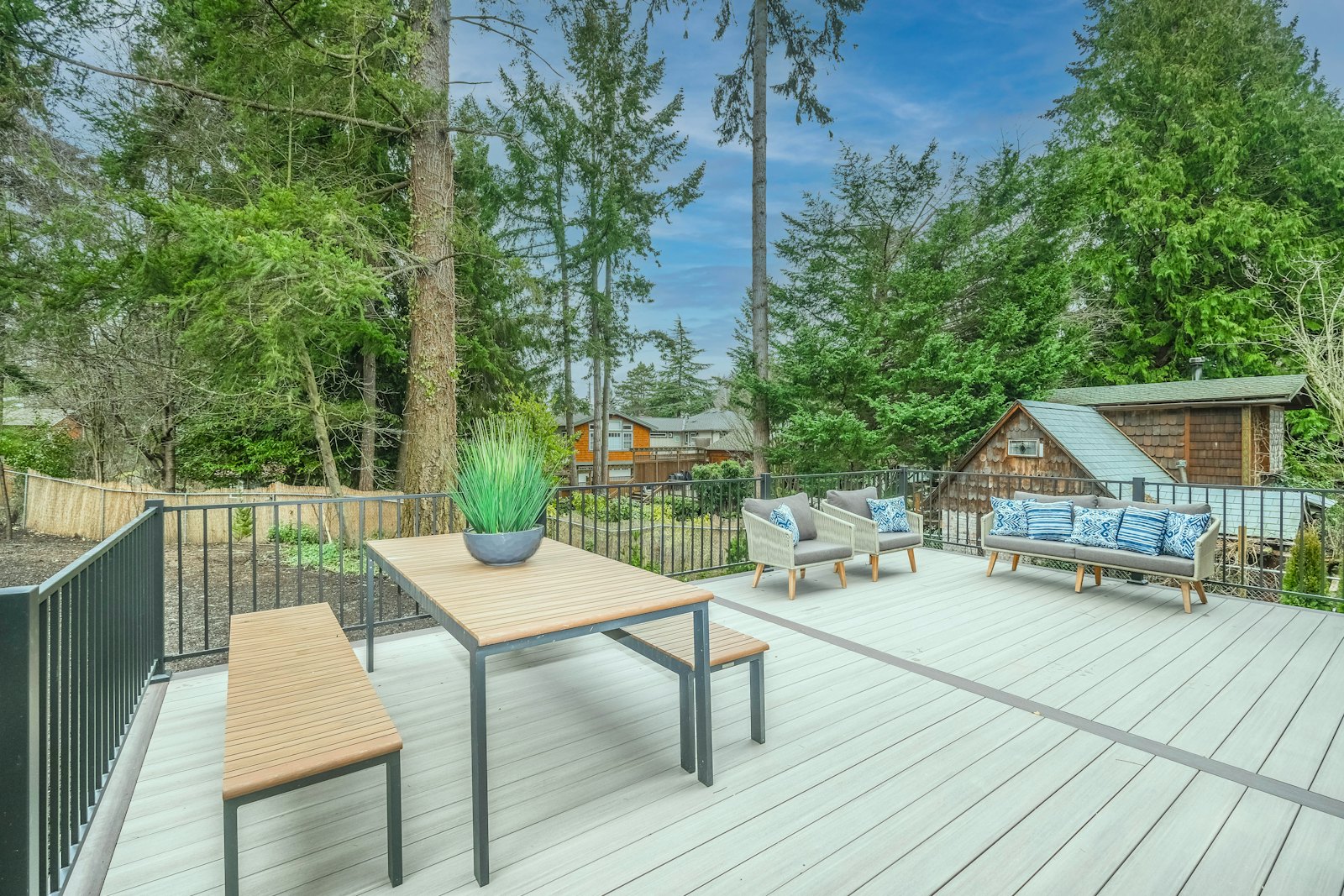 Wooden deck with a table and chairs