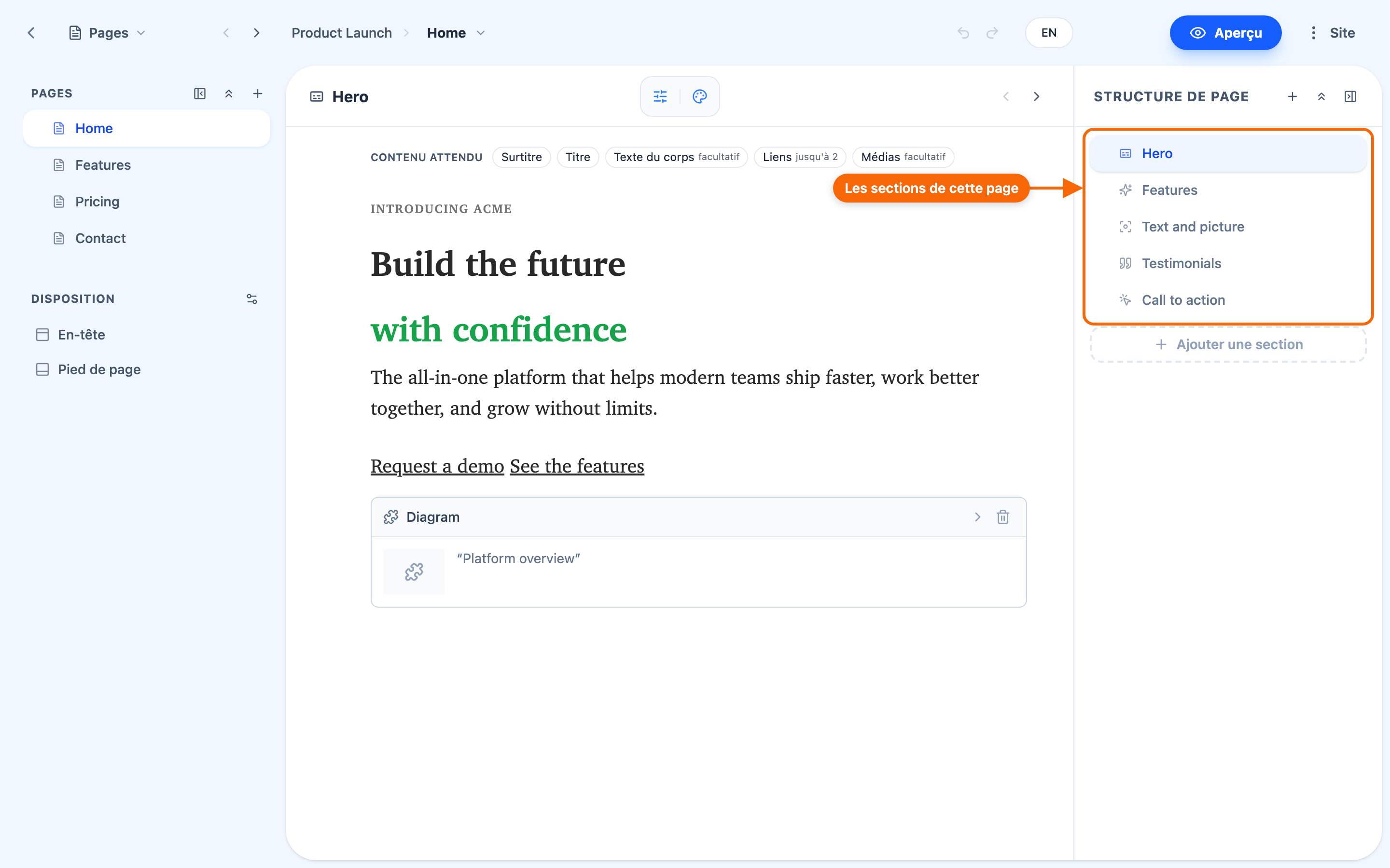L'Éditeur ouvert sur un site tout juste créé à partir d'un modèle, avec le panneau des pages à gauche et une page de sections d'exemple au centre.