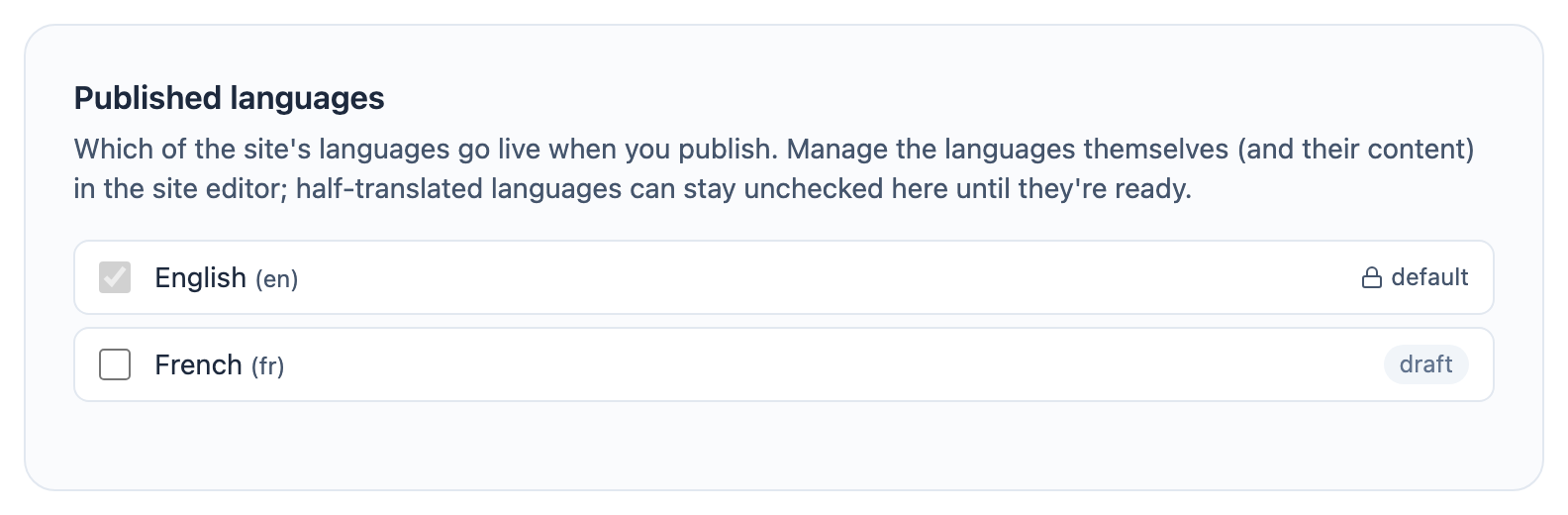 The language settings, showing which languages are toggled active for publishing versus draft-only.