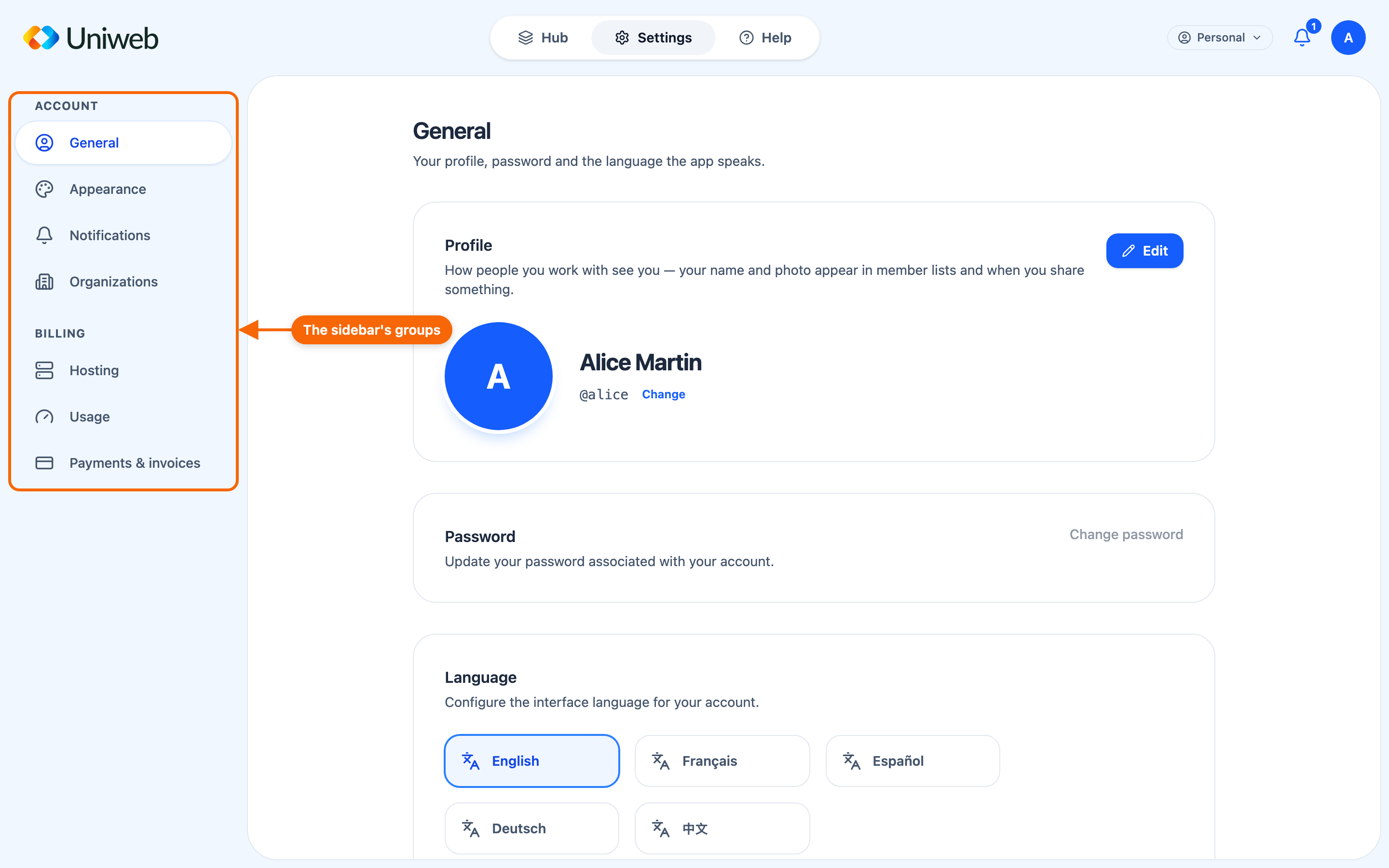 The Settings area in a personal workspace, showing the Account and Billing groups in the sidebar.