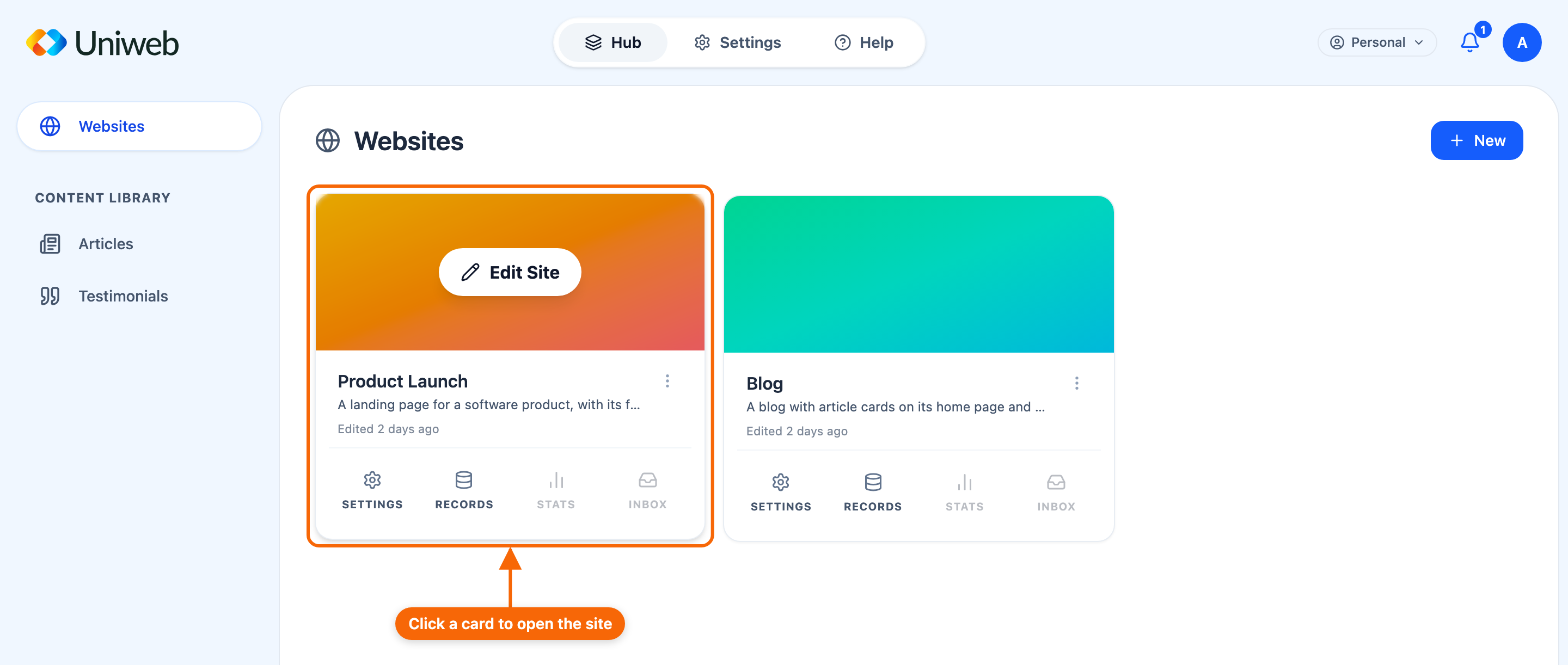 A website card in the Hub, showing when it was last edited (and published) and the buttons for opening the site's views. A site shared with you also carries a Shared chip; there is no role badge.