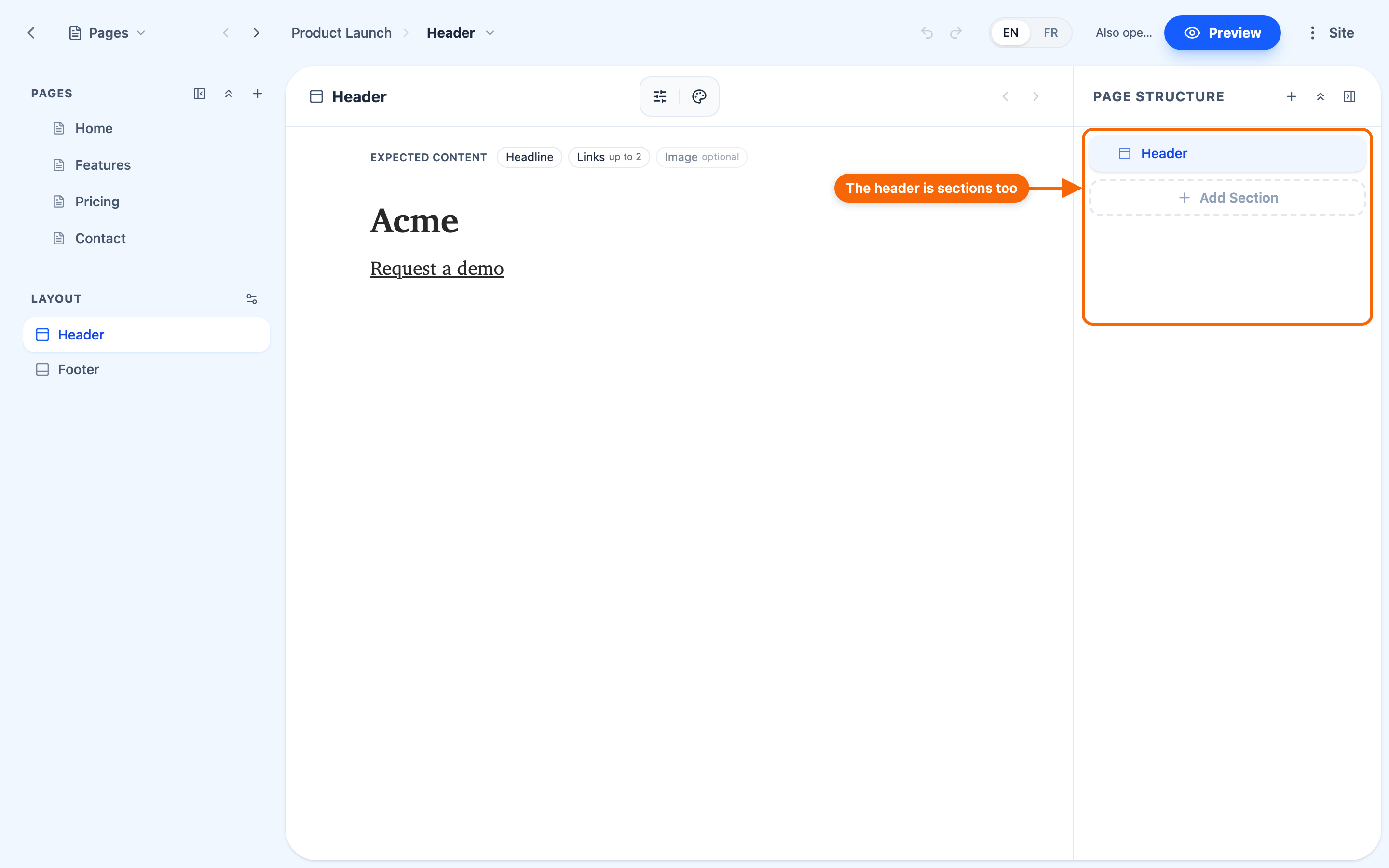 The Editor focused on the site header, showing its sections (e.g. a logo section and a navigation section) being edited.