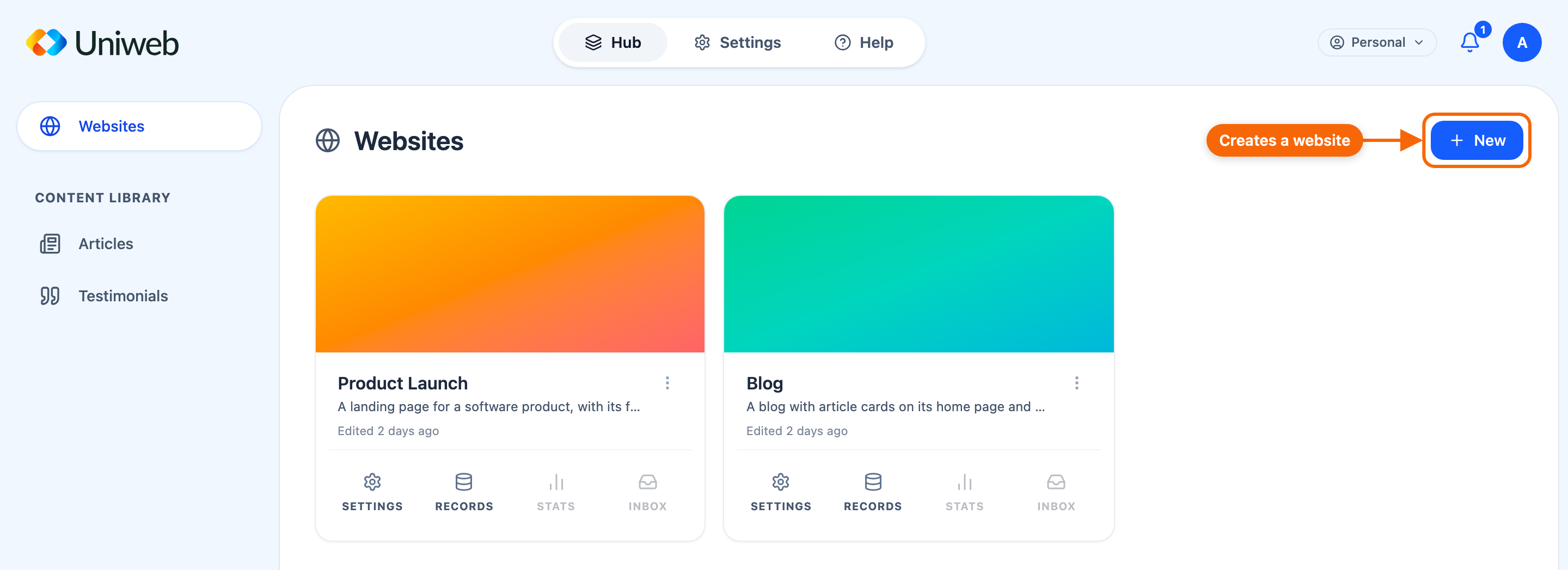 The Hub sidebar, showing Websites and the Content library with the workspace's content types.