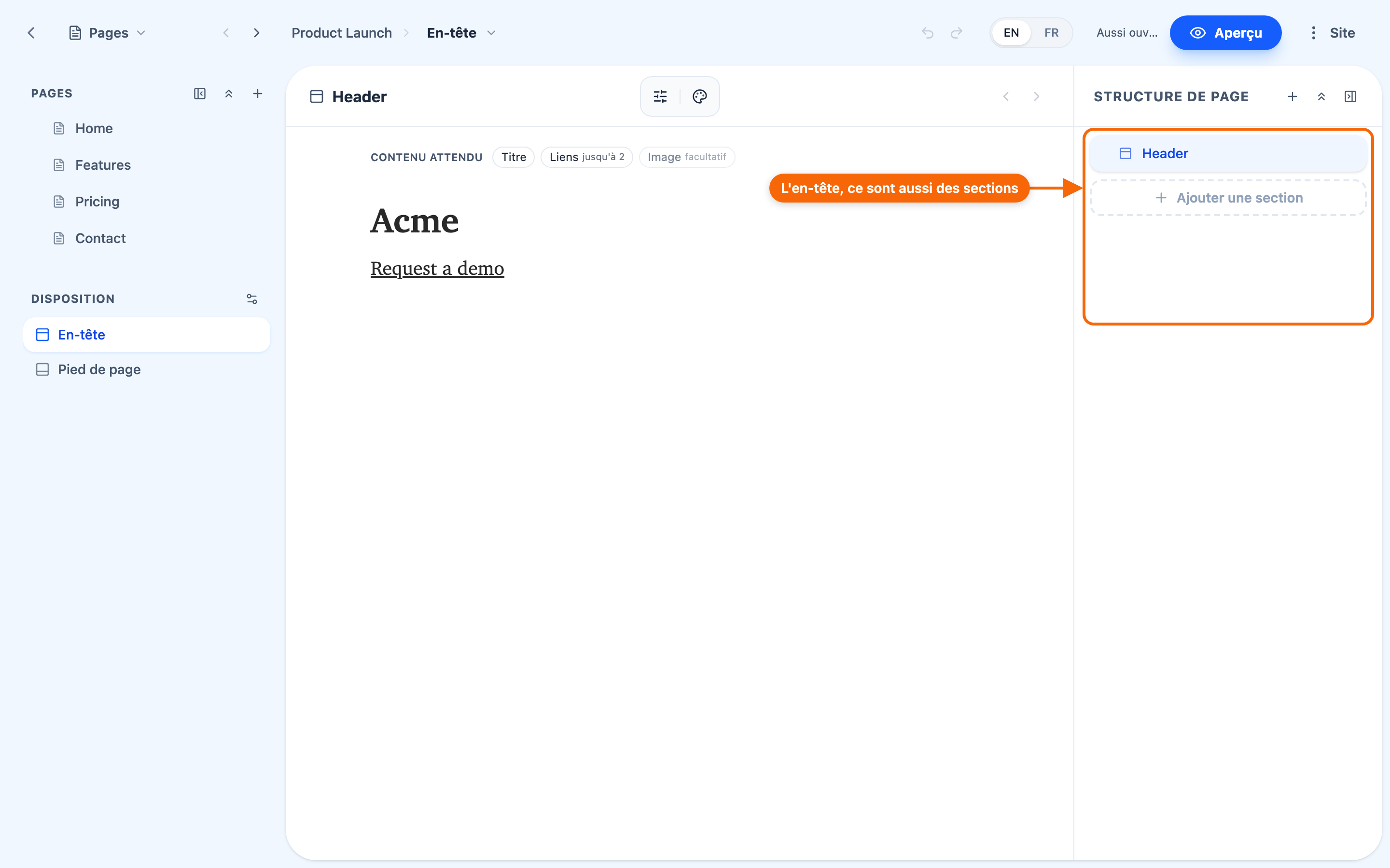 L'Éditeur centré sur l'en-tête du site, avec ses sections (par ex. une section de logo et une section de navigation) en cours de modification.
