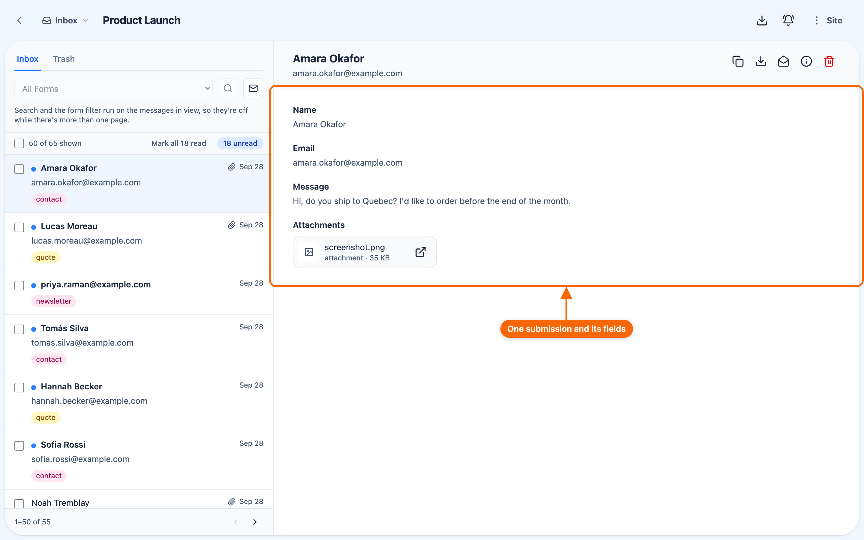 A website's Inbox view, listing form submissions with a selected entry showing its fields.
