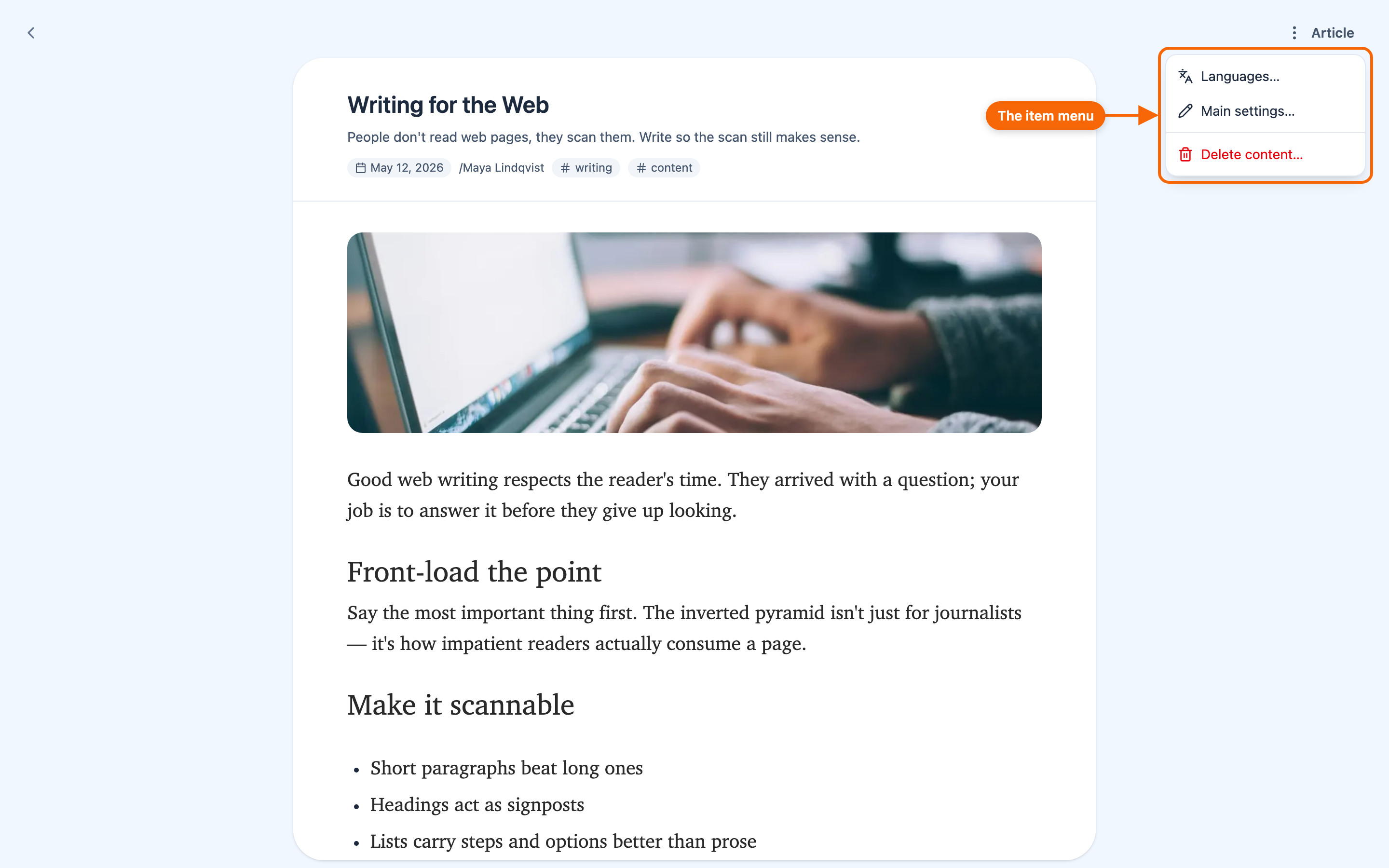 A library item open, with its menu open: Languages, Main settings, SEO and Delete content.