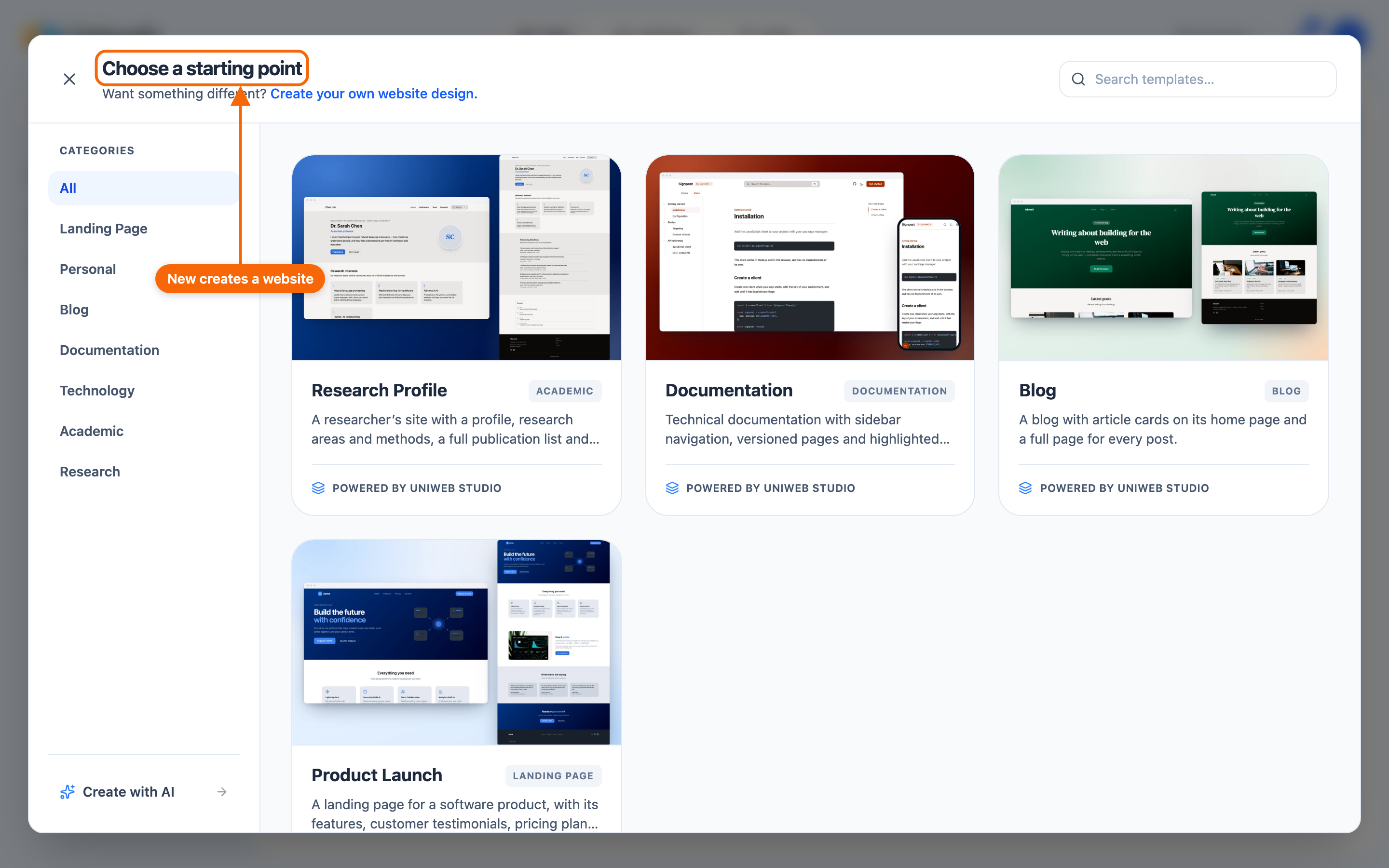 The Hub's New button and the template picker it opens — a website is what it creates.
