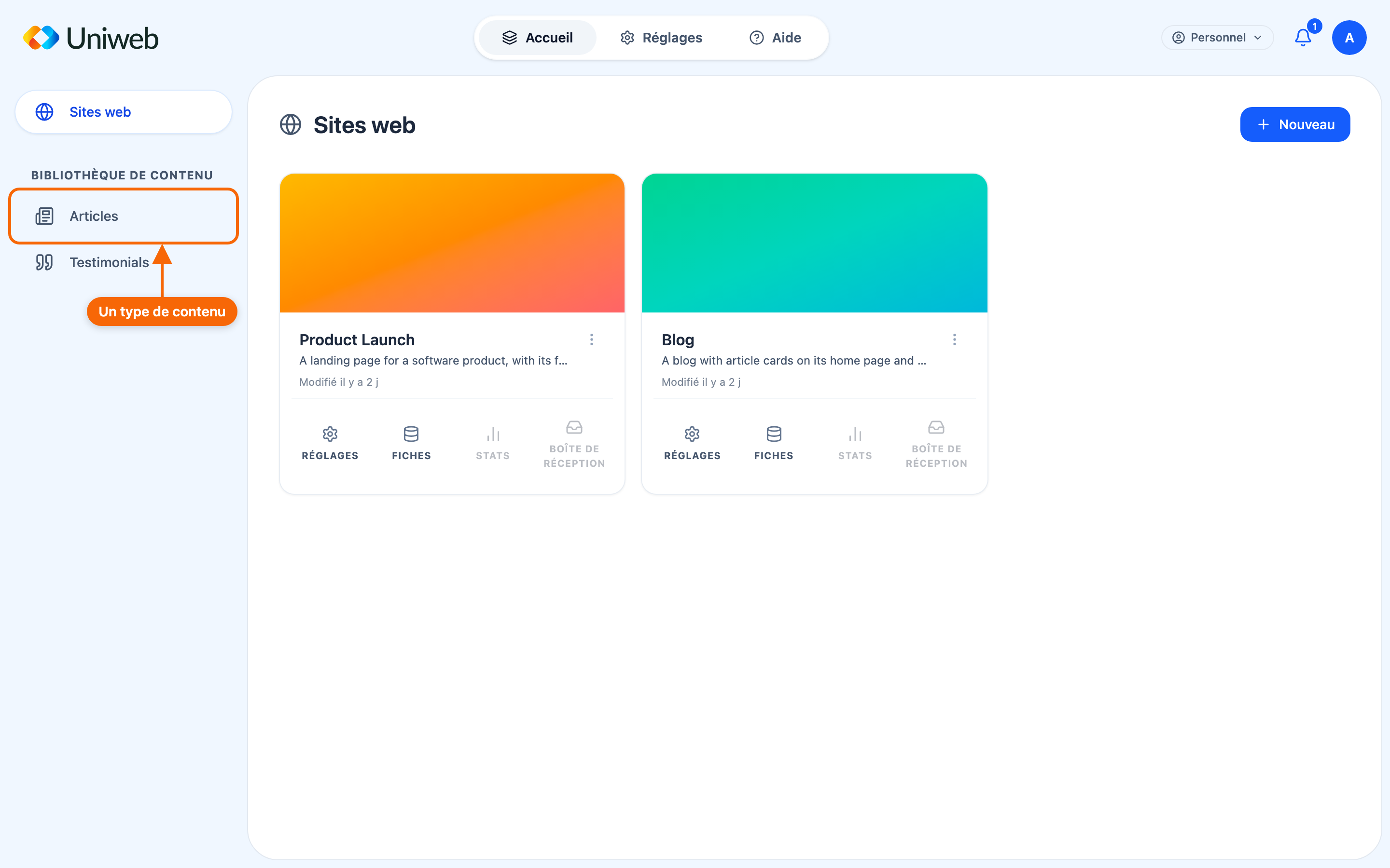La barre latérale du Hub, avec les types de contenu de l'espace de travail.